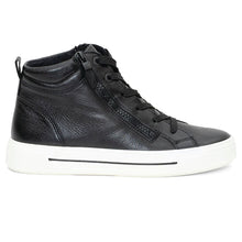 Load image into Gallery viewer, Black With White Sole Ara Women&#39;s Camden Mid Leather Hi Top Sneaker Side View
