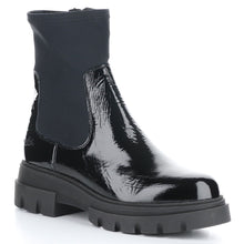 Load image into Gallery viewer, Black Bos&amp;Co Women&#39;s Five Waterproof Patent Leather And Fabric Slip On Bootie Profile View
