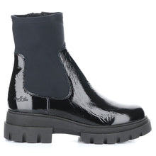 Load image into Gallery viewer, Black Bos&amp;Co Women&#39;s Five Waterproof Patent Leather And Fabric Slip On Bootie Side View
