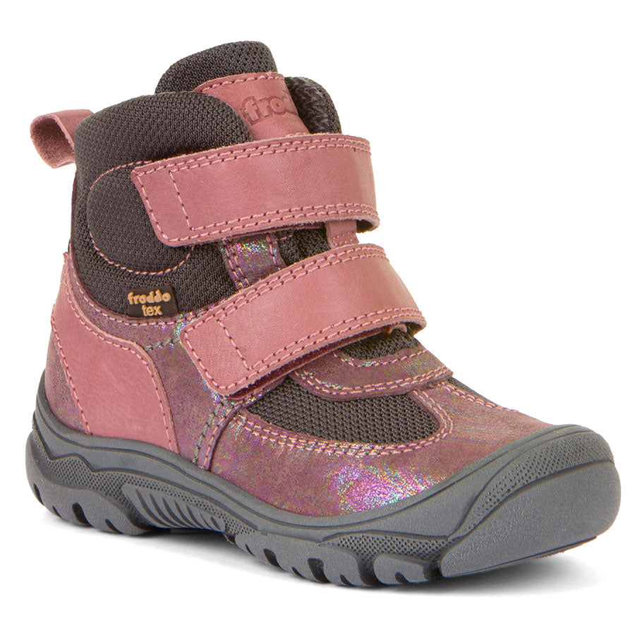 Pink And Dark Pink With Grey Sole Froddo Girl's Linz Tex Waterproof Leather And Mesh Double Velcro Strap Bootie Sizes 30 to 39 Profile View