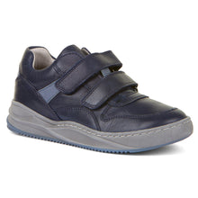 Load image into Gallery viewer, Dark Blue And Blue With Grey Froddo Boy&#39;s Harry Leather Double Velcro Strap Casual Sneaker Sizes 31 to 35 Profile View
