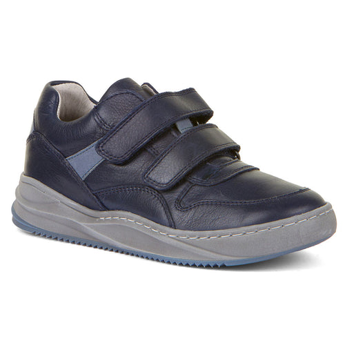 Dark Blue And Blue With Grey Froddo Boy's Harry Leather Double Velcro Strap Casual Sneaker Sizes 31 to 35 Profile View