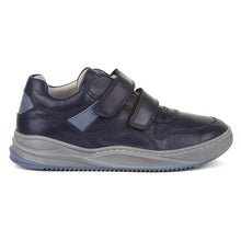 Load image into Gallery viewer, Dark Blue And Blue With Grey Froddo Boy&#39;s Harry Leather Double Velcro Strap Casual Sneaker Sizes 31 to 35 Side View
