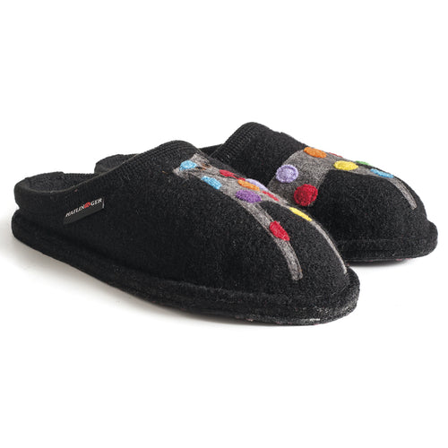 Black Haflinger Women's Jack Wool Slippers With Grey And Multi Colored Artistic Embroidery