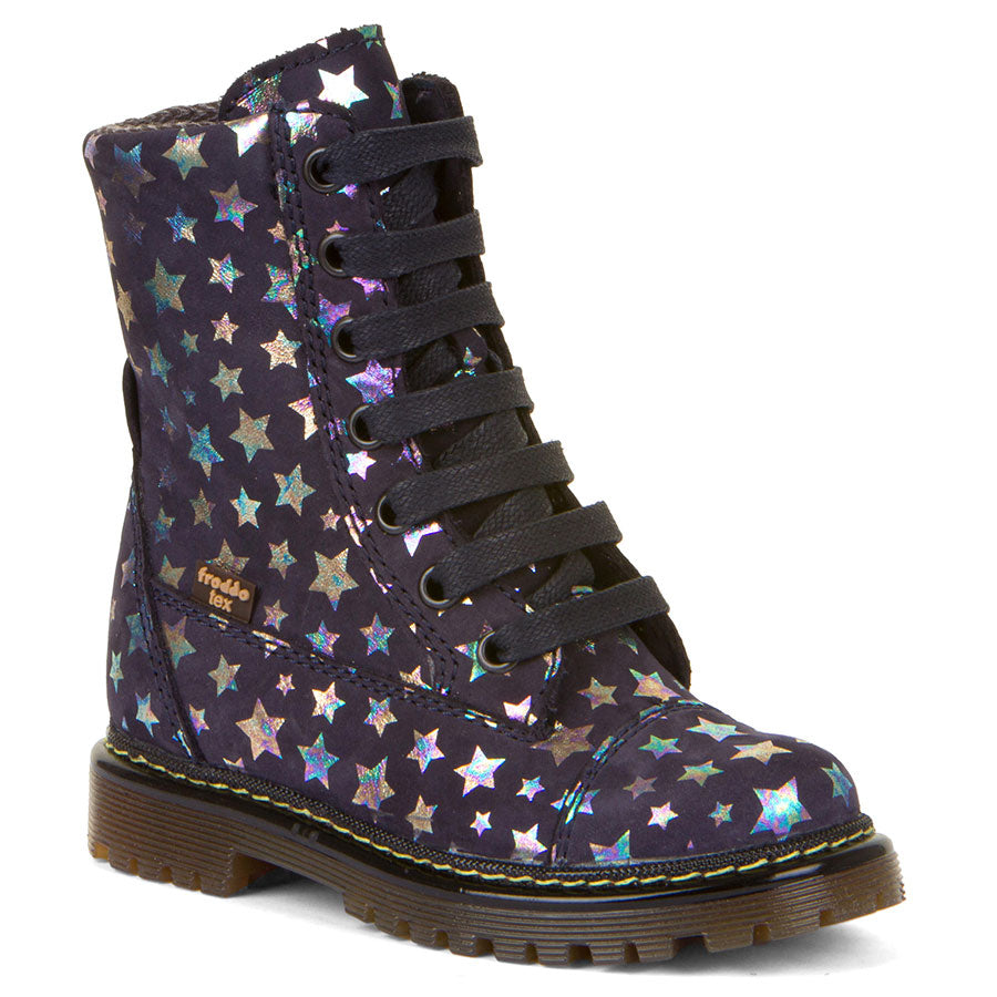 Black With Multi Colored Metallic Stars Froddo Girl's Eli Tex Waterproof Printed Leather Combat Boot Sizes 30 to 36 Profile View