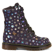 Load image into Gallery viewer, Black With Multi Colored Metallic Stars Froddo Girl&#39;s Eli Tex Waterproof Printed Leather Combat Boot Sizes 30 to 36 Side View

