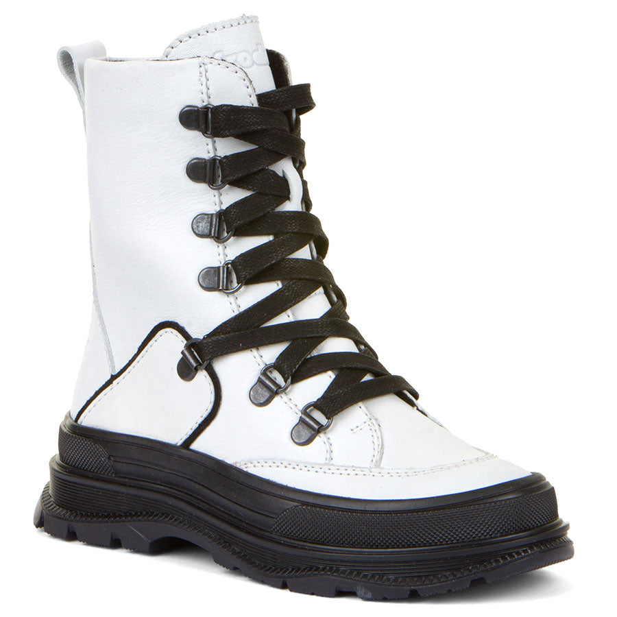 White With Black Froddo Girl's Leoni Combat Boot Sizes 31 to 38 Profile View