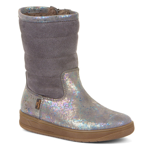 Grey And Silver With Tan Sole Froddo Girl's Nika Wool Tex Waterproof Metallic Leather Mid High Zippered Winter Boot Sizes 27 to 30 Profile View