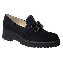 Load image into Gallery viewer, Black Brunate Women&#39;s Devon Suede Loafer With Link Ornament Profile View
