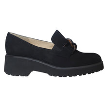 Load image into Gallery viewer, Black Brunate Women&#39;s Devon Suede Loafer With Link Ornament Side View
