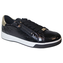 Load image into Gallery viewer, Black With Gold And White Sole Ara Women&#39;s Rei Low Lacquered Leather Casual Sneaker Profile View
