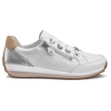 Load image into Gallery viewer, White And Silver with Brown Ara Women&#39;s Ollie Leather And Metallic Leather Casual Sneaker Side View

