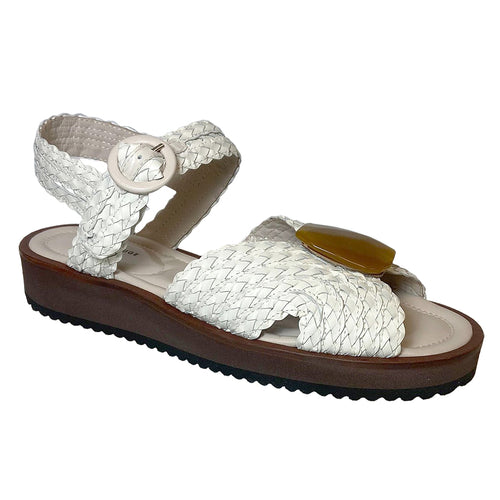 White With Black And Brown Sole Pas De Rouge Women's Bali 3920 Woven Leather Sandal Flat With Brown Plastic Oval Ornament
