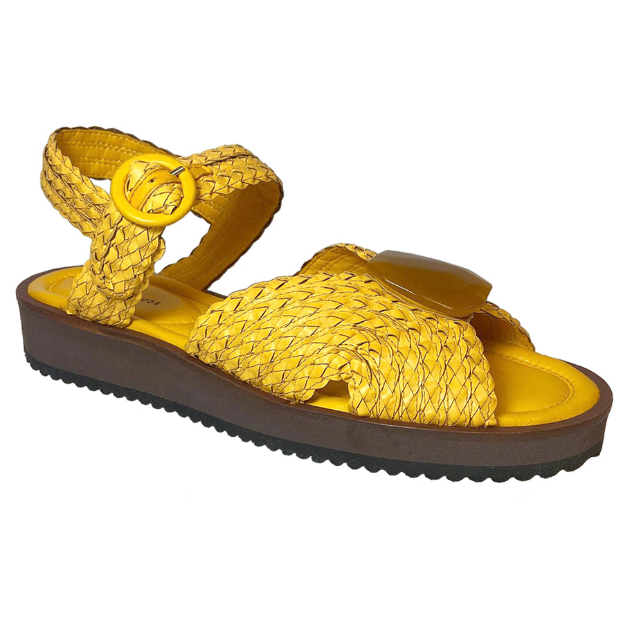 Ocra Yellow With Brown And Black Sole Pas De Rouge Women's Bali 3920 Woven Leather Sandal Flat With Brown Plastic Oval Ornament