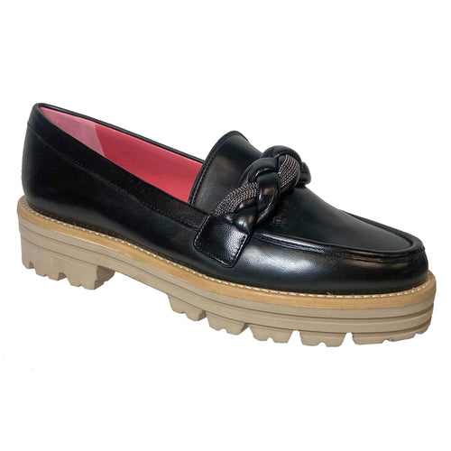 Black With Beige Sole Pas De Rouge Women's Kimmy 3930 Leather Casual Loafer With Twisted Leather Ornament