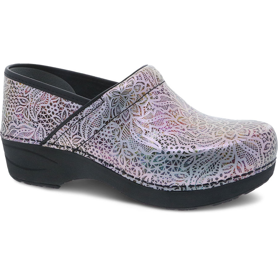 Purple Leaves With Black Dansko Women's Pro XP 2.0 Printed Leather Clog Profile View