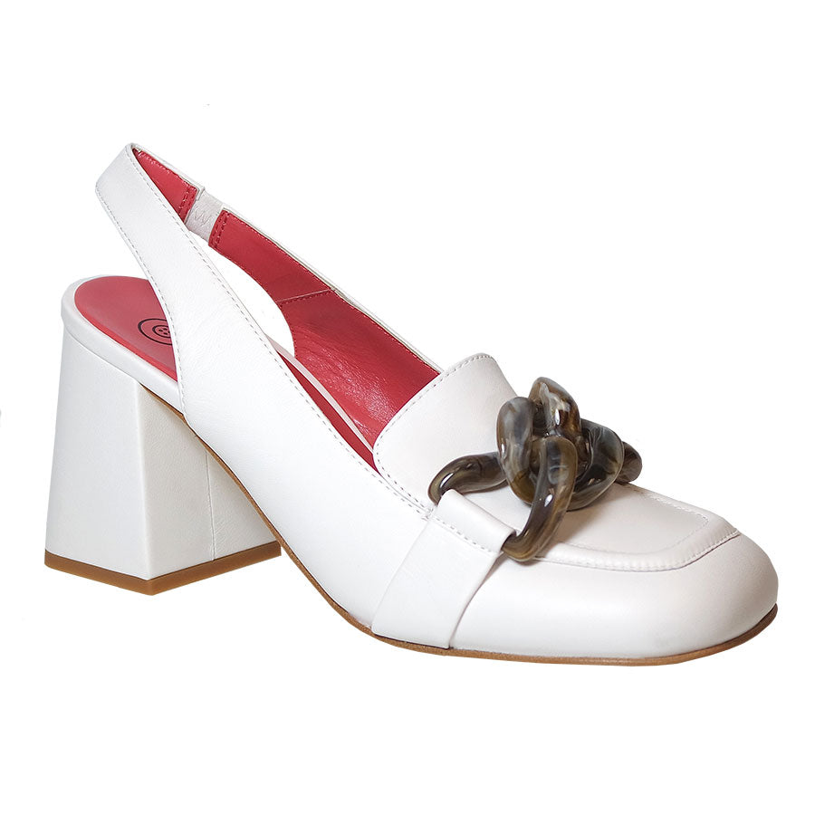 White With Tan Sole Pas De Rouge Women's 3960 Leather Block Heel Dressy Pump With Link Ornament