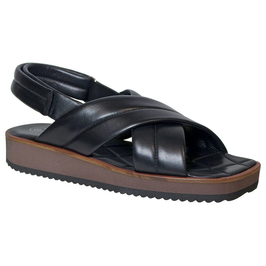 Black With Brown And Black Sole Pas De Rouge Women's Cina 3970 Puffy Leather Cross Strap Slingback Sandal 