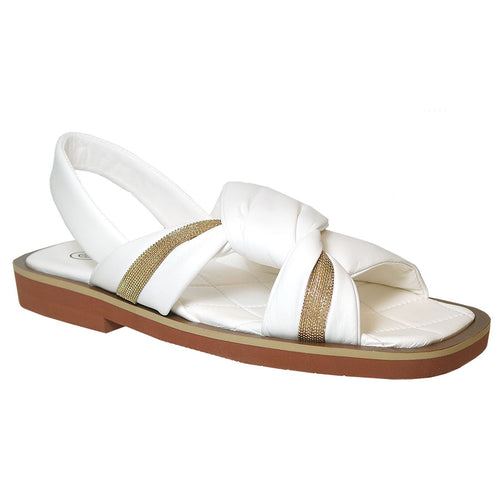 White Pas De Rouge Women's 3976 Flat Leather Sandal With Gold