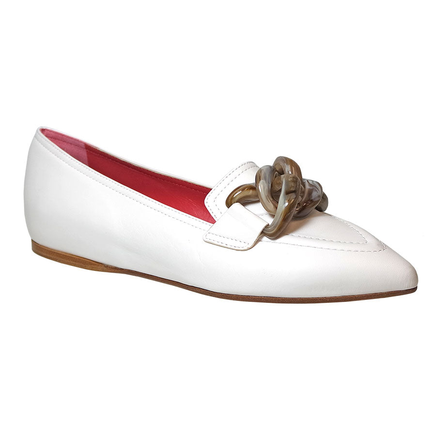 White With Tan Sole Pas De Rouge Women's 4014 Leather Dress Slip-On Loafer With Link Ornament