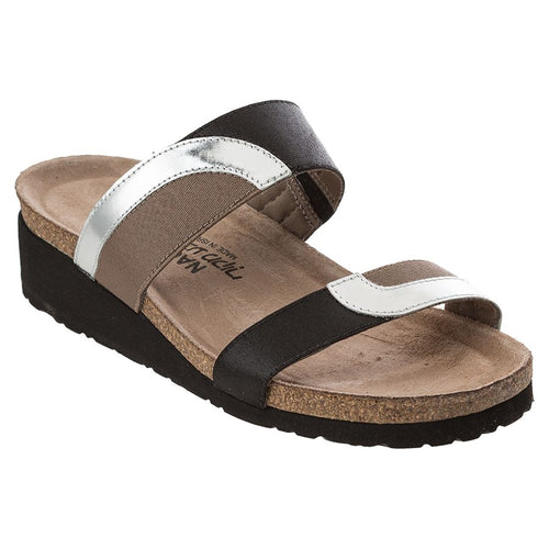 Silver And Black And Brown Naot Women's Frankie Mirror and Stretch Double Strap Low Wedge Slide Sandal