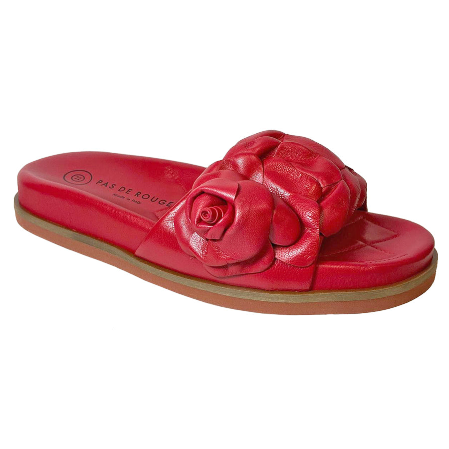 Red With Brown Sole Pas De Rouge Women's Moena 4032 Leather Slide Sandal With Leather Flower Ornament