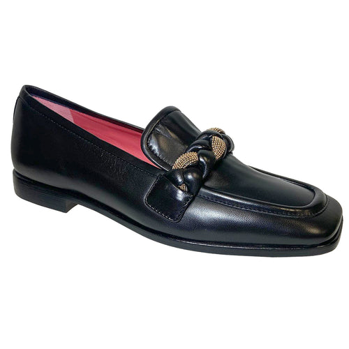 Black Pas De Rouge Women's Yuna 4041 Leather Dress Loafer With Leather And Gold Interwoven Leather Twist Ornament
