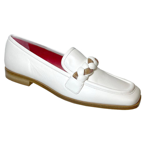 White With Brown Sole Pas De Rouge Women's Yuna 4041 Leather Dress Loafer With Leather And Gold Interwoven Leather Twist Ornament