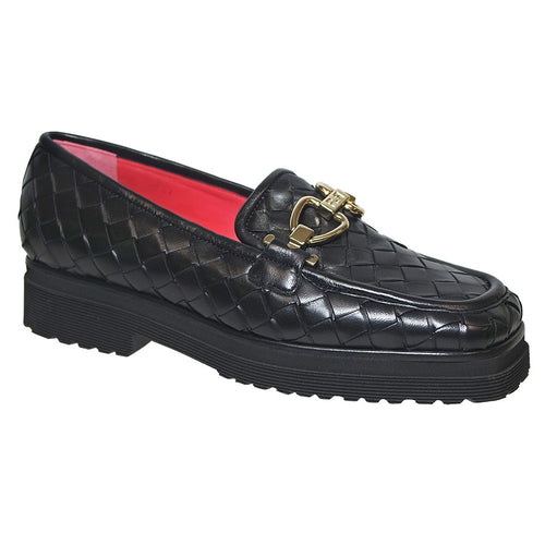 Black Pas De Rouge Women's Yuna 4046 Woven Leather Loafer With Metal Link Ornament