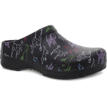 Load image into Gallery viewer, Black With Multi Colored Dogs Dansko Women&#39;s Kane Perforated And Printed Man Made Material Clog Profile View
