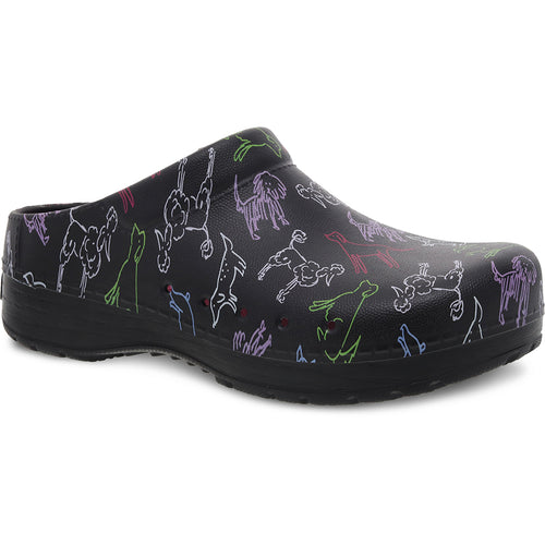 Black With Multi Colored Dogs Dansko Women's Kane Perforated And Printed Man Made Material Clog Profile View