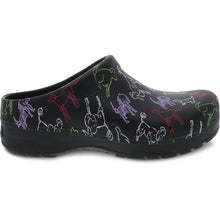 Load image into Gallery viewer, Black With Multi Colored Dogs Dansko Women&#39;s Kane Perforated And Printed Man Made Material Clog Side View
