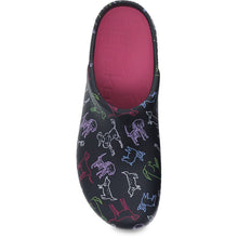 Load image into Gallery viewer, Black With Multi Colored Dogs Dansko Women&#39;s Kane Perforated And Printed Man Made Material Clog Top View

