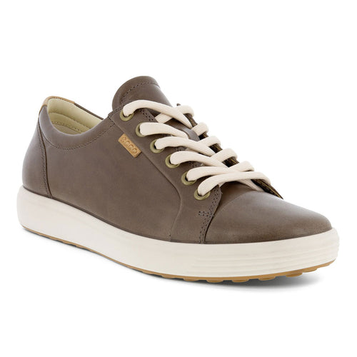 Taupe Brown With White Sole And Laces Ecco Women's Soft 7 Sneaker Nubuck With Leather Casual Sneaker Profile View