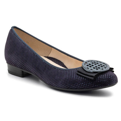 Dark Blue With Black Sole Ara Women's Bambi Pin Dot Suede Ballerina Flat With Bow Ornament Profile View