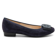 Load image into Gallery viewer, Dark Blue With Black Sole Ara Women&#39;s Bambi Pin Dot Suede Ballerina Flat With Bow Ornament Side View
