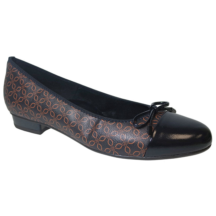 Blue And Nuts Brown Ara Women's Belinda Printed Leather Ballet Flat With Bow Ornament Profile View