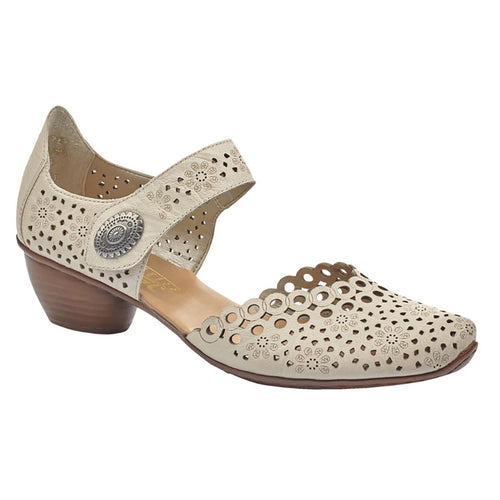 Beige With Brown Heel Rieker Women's 43753 Leather With Laser Cut Outs Mary Jane Pump