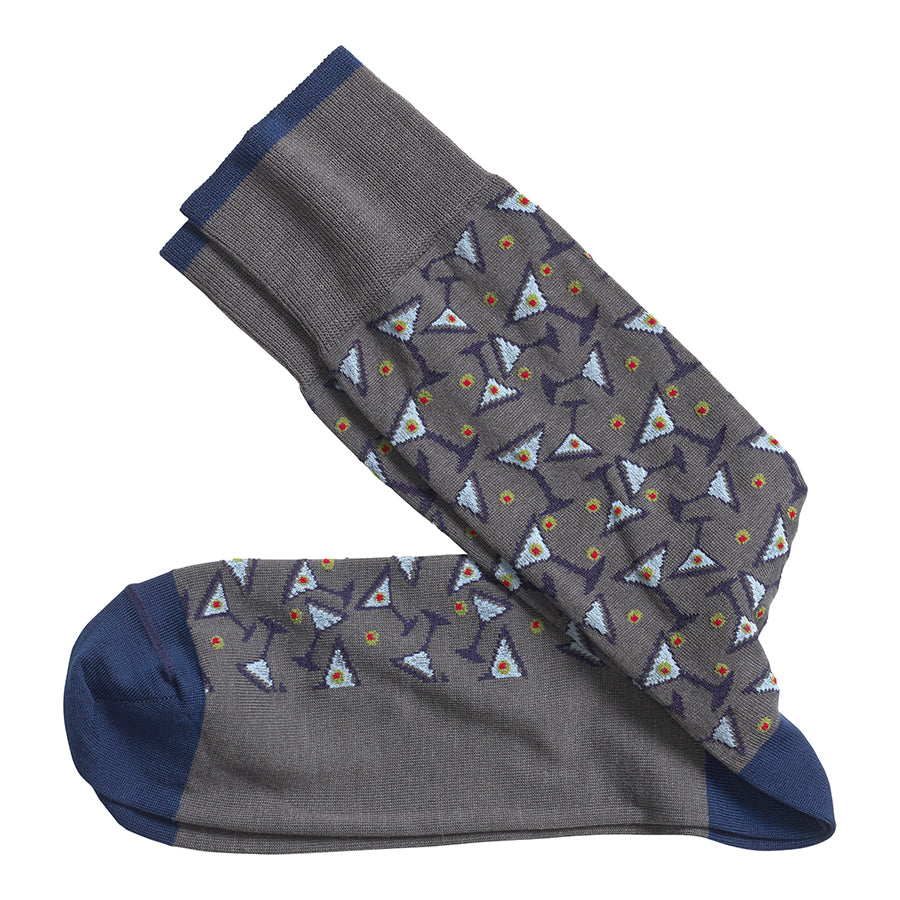Charcoal Grey And Blue Johnston And Murphy Men's Martini Printed Socks