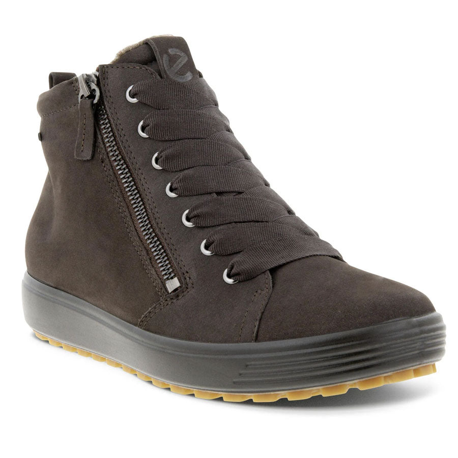 Licorice Dark Brown Ecco Women's Soft 7 Tred GoreTex Waterproof Textile Sporty Lace Up Boot With Zipper Profile View