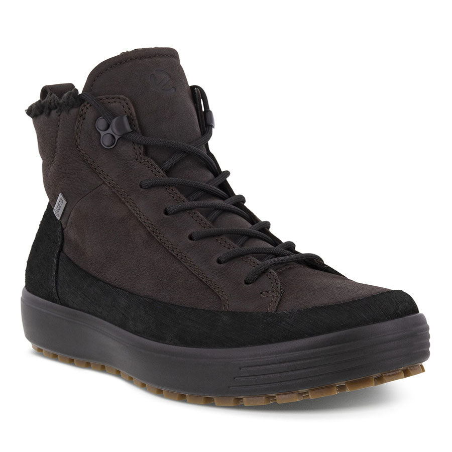 Black And Mocha Brown Ecco Men's Soft 7 Tred M High-Cut Winter Boot GoreTex Waterproof Nubuck And Leather Profile View