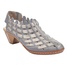 Load image into Gallery viewer, Grey And Light Grey With Brown Heel Rieker Women&#39;s 46778 Woven Leather Slingback Closed Toe Sandal Profile View
