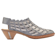 Load image into Gallery viewer, Grey And Light Grey With Brown Heel Rieker Women&#39;s 46778 Woven Leather Slingback Closed Toe Sandal Side View
