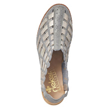 Load image into Gallery viewer, Grey And Light Grey With Brown Heel Rieker Women&#39;s 46778 Woven Leather Slingback Closed Toe Sandal Top View
