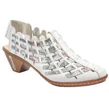Load image into Gallery viewer, White And Mosiac Print With Brown Heel Rieker Women&#39;s 46778 Woven Leather Slingback Closed Toe Sandal Profile View
