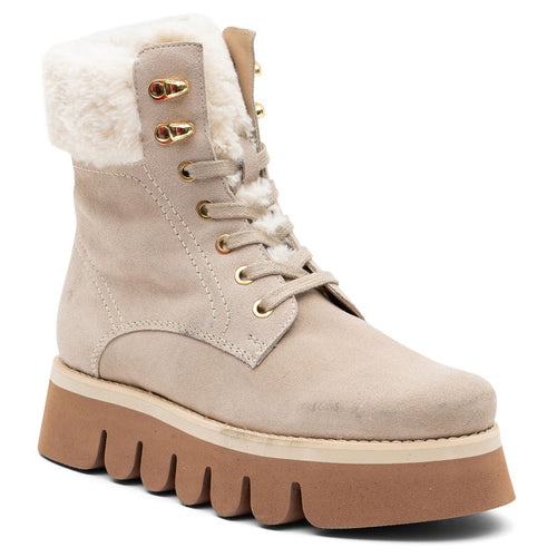 Sand Beige With Tan Sole Ara Women's Veronica Suede Combat Boot With Fluffy White Cuff And Tongue