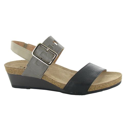 Black And Beige And Grey Naot Women's Dynasty Leather Triple Strap Wedge Sandal