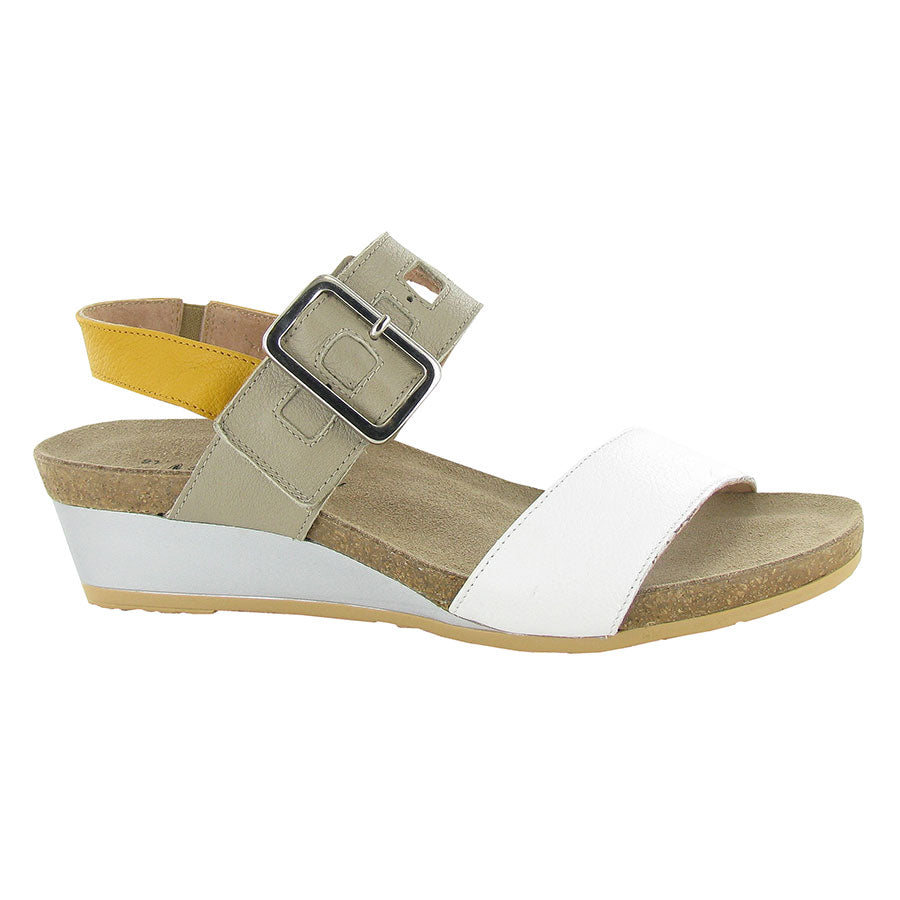 Beige And Yellow And White Naot Women's Dynasty Leather Triple Strap Wedge Sandal