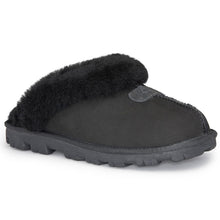 Load image into Gallery viewer, Black UGG Women&#39;s Coquette Suede Slipper With Furry Collar Profile View
