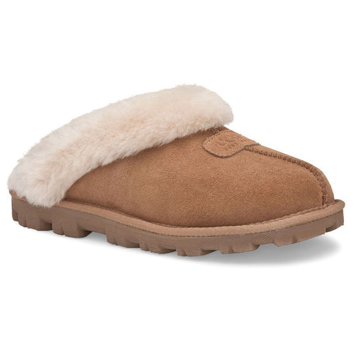 Chestnut Tan UGG Women's Coquette Suede Slipper With White Furry Collar Profile View